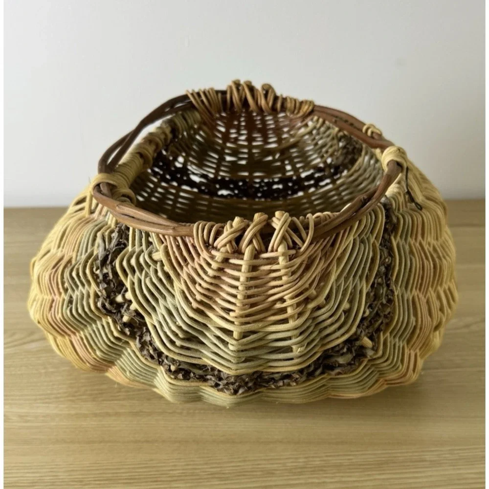 Hand Woven Rattan Wicker Seashell Basket Sculptural Boho Coastal Decor 12